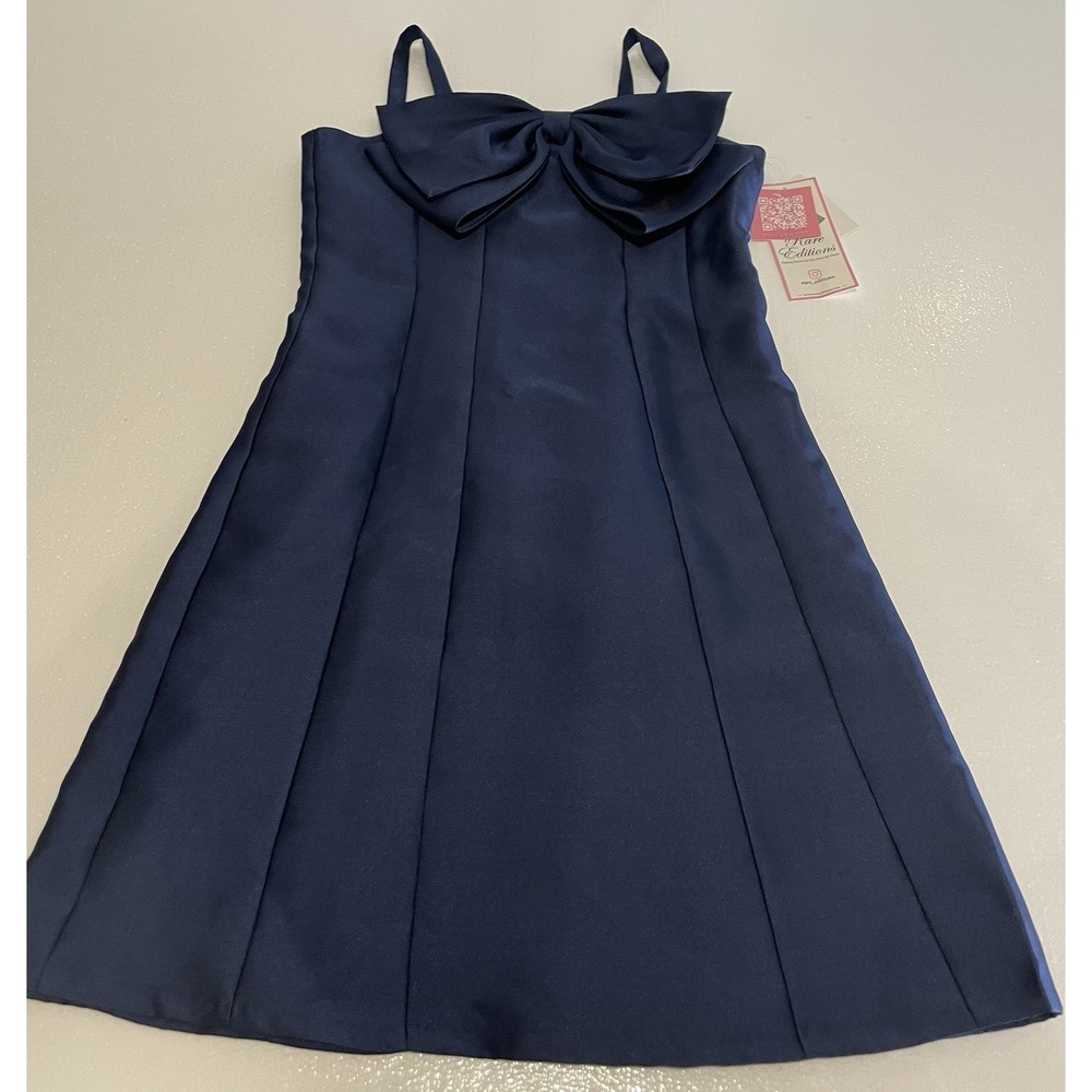 RARE EDITIONS Big Girl Mikado Navy Blue Big Bow Paneled Fancy Dress Sz 16 NEW